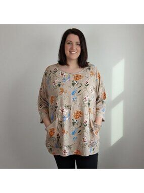 Cynthia Rowley Floral Linen Blend Loose 3/4 Sleeve Top Beige Size 2X New NWT